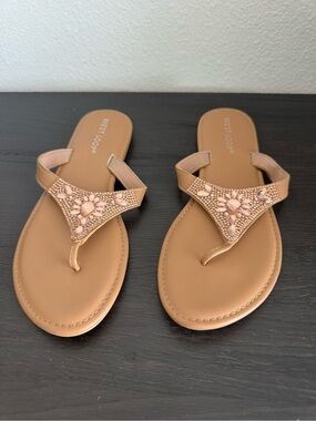 West Loop tan jeweled thong sandals